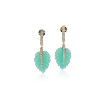 Ranimor Evergreen Leaf Earrings in 18K yellow gold with natural green onyx and diamonds on white background
