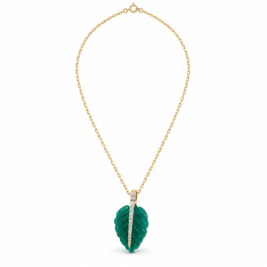 Ranimor Evergreen Leaf Necklace in 18K yellow gold with natural green onyx and diamonds on pure white background