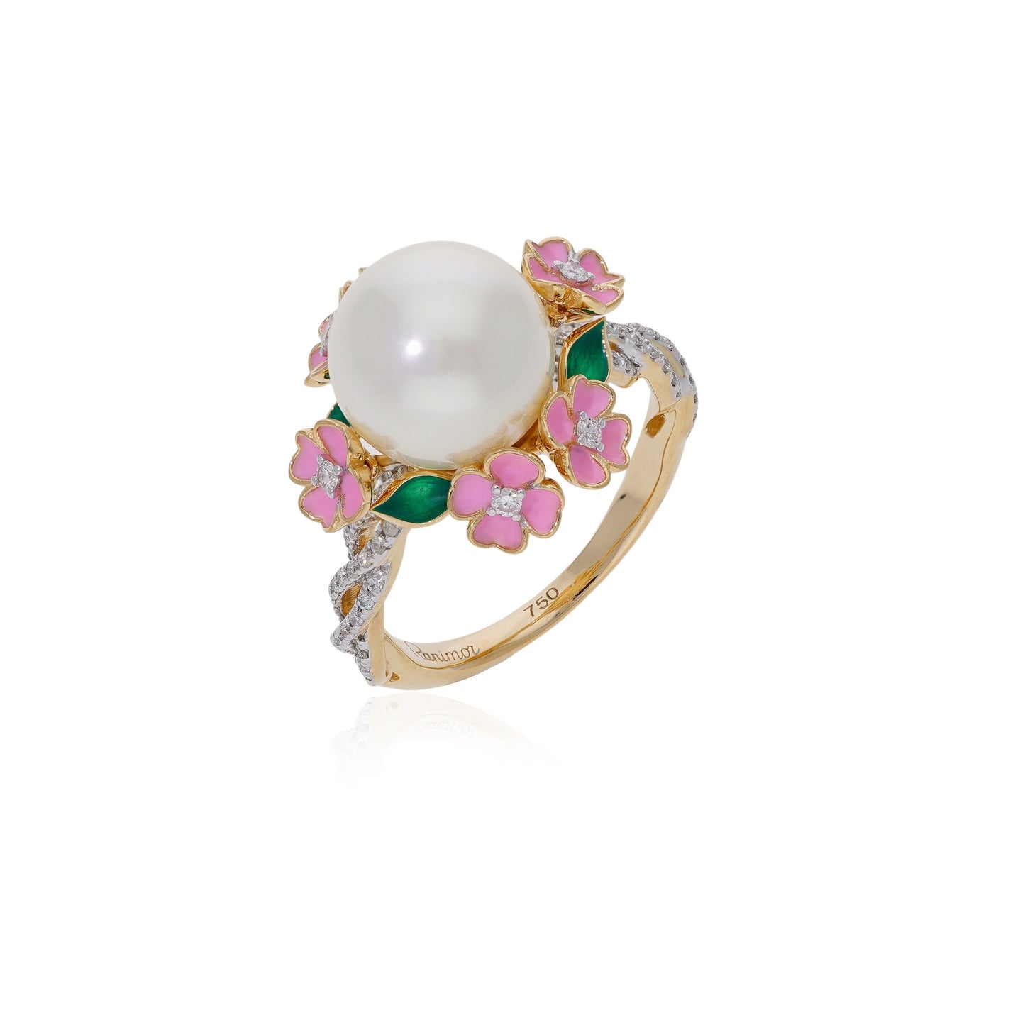 Ranimor Fleur de Reine Ring in 18K yellow gold with natural pearl, enamel and diamonds on white background