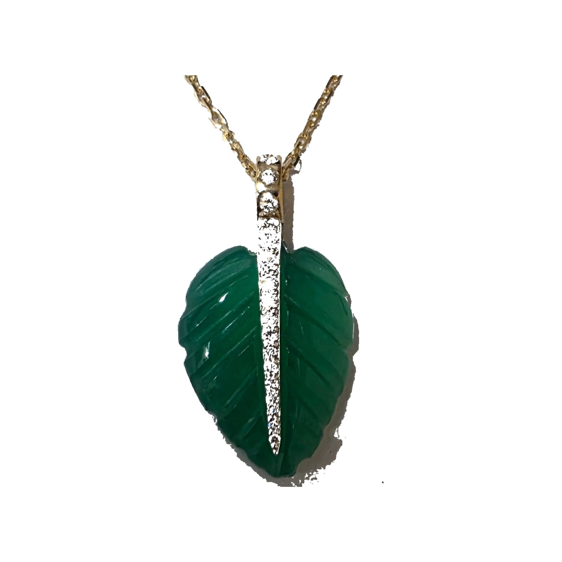 Ranimor Evergreen Leaf Necklace in 18K yellow gold with natural green onyx and diamonds on white background