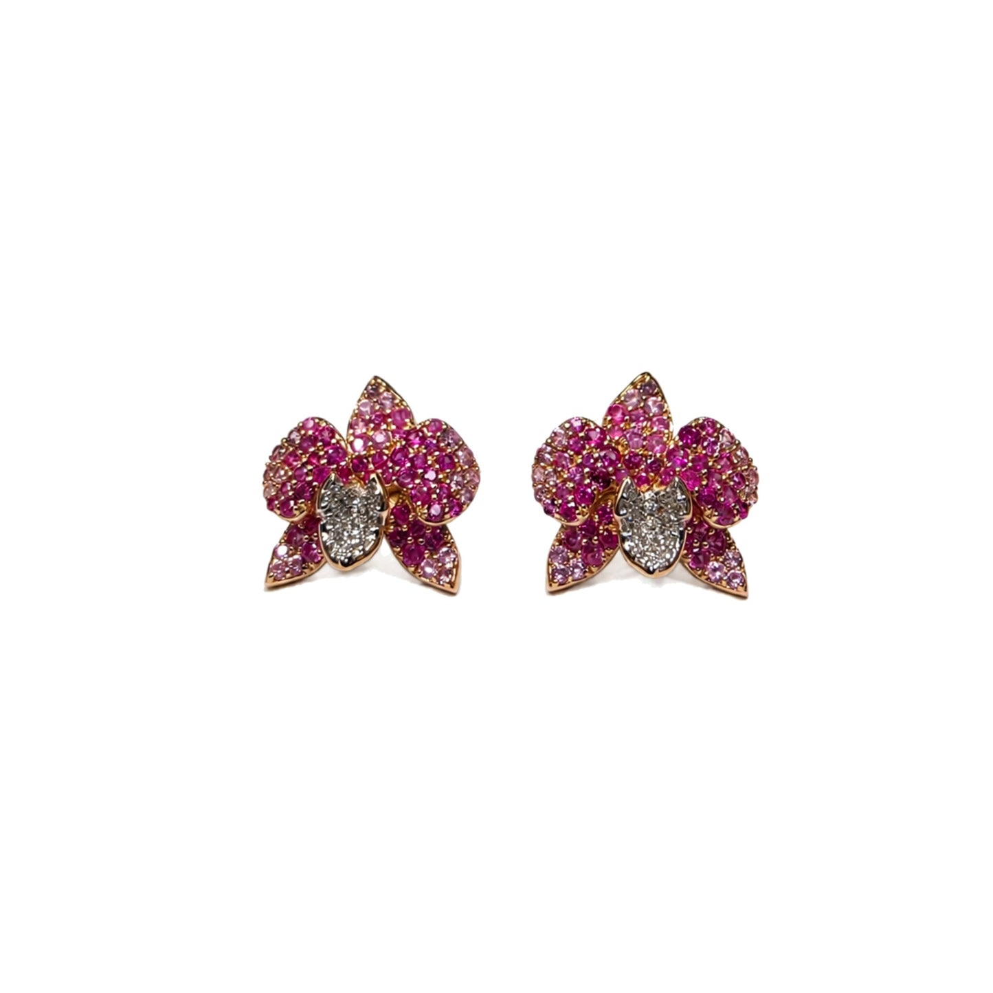 Ranimor Sapphire Orchid Earrings in 18K rose gold with pink sapphires and diamonds, centered on pure white background