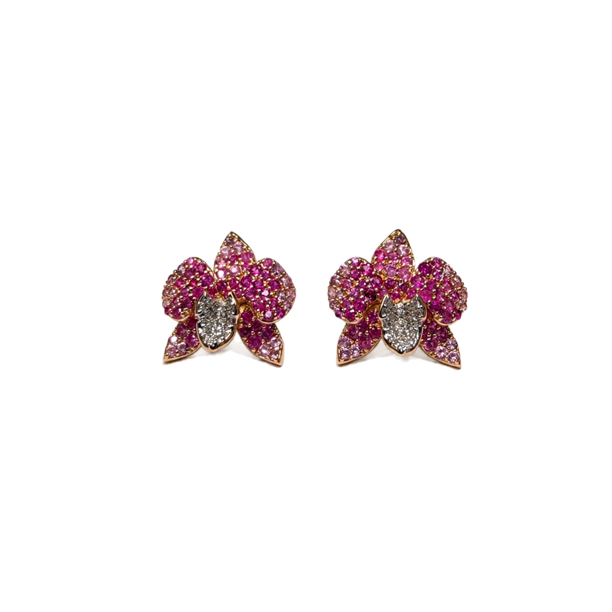 Ranimor Sapphire Orchid Earrings in 18K rose gold with pink sapphires and diamonds, centered on pure white background