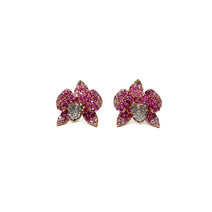 Ranimor Sapphire Orchid Earrings in 18K rose gold with pink sapphires and diamonds, centered on pure white background