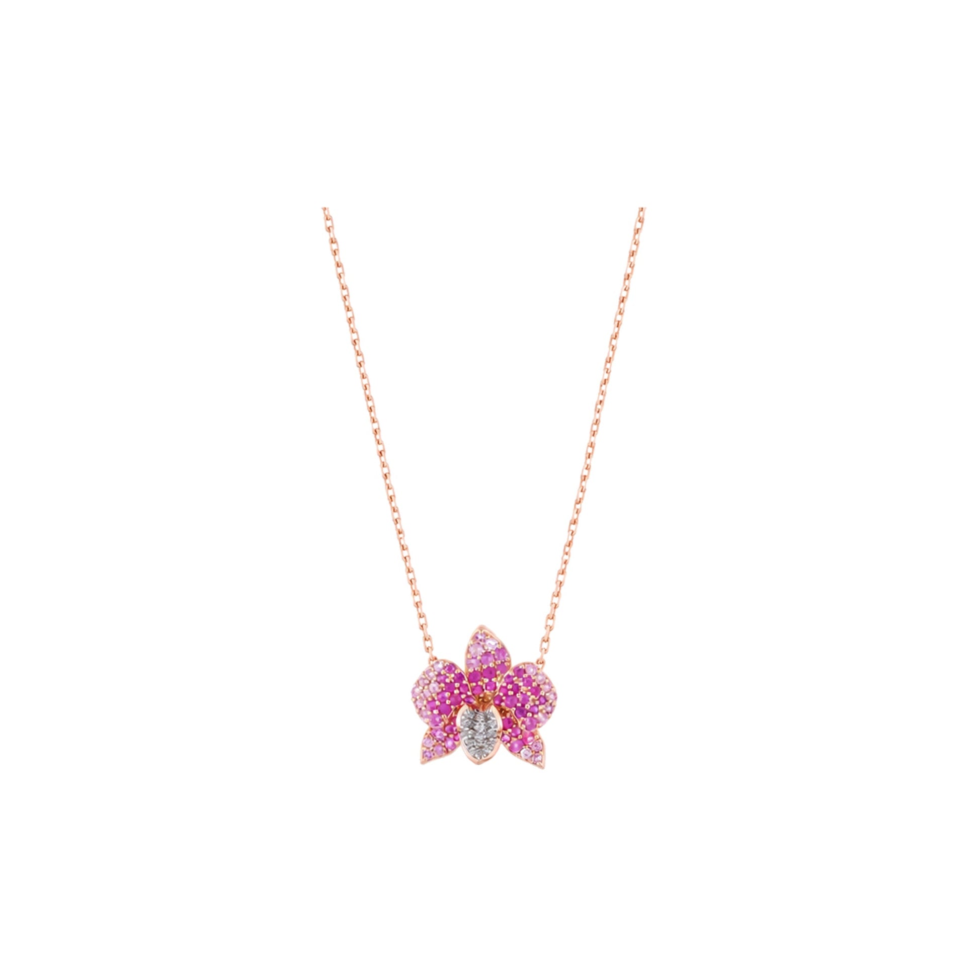 Ranimor Sapphire Orchid Necklace in 18K rose gold with pink sapphires and diamonds, centered on pure white background