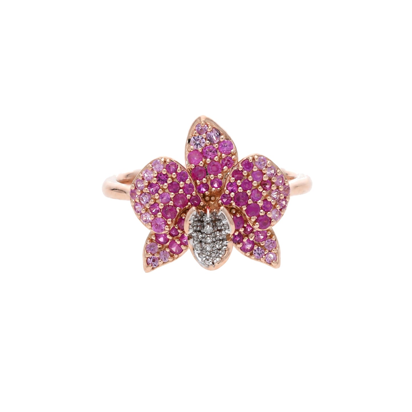Ranimor Sapphire Orchid Ring in 18K rose gold with pink sapphires and diamonds, centered on pure white background