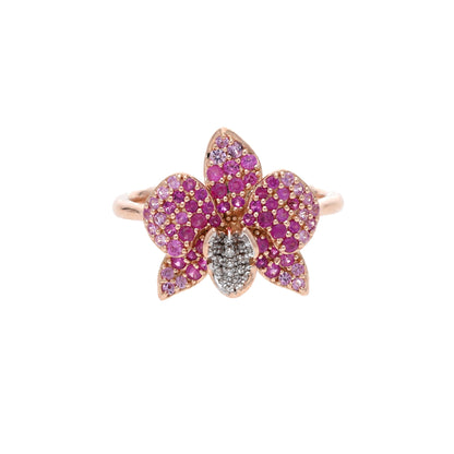 Ranimor Sapphire Orchid Ring in 18K rose gold with pink sapphires and diamonds, centered on pure white background