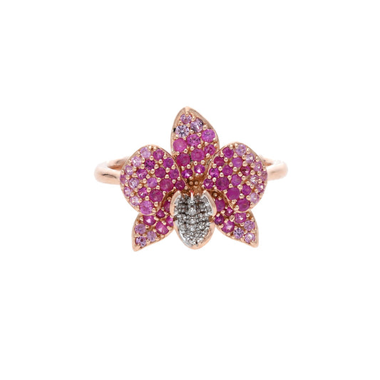 Ranimor Sapphire Orchid Ring in 18K rose gold with pink sapphires and diamonds, centered on pure white background