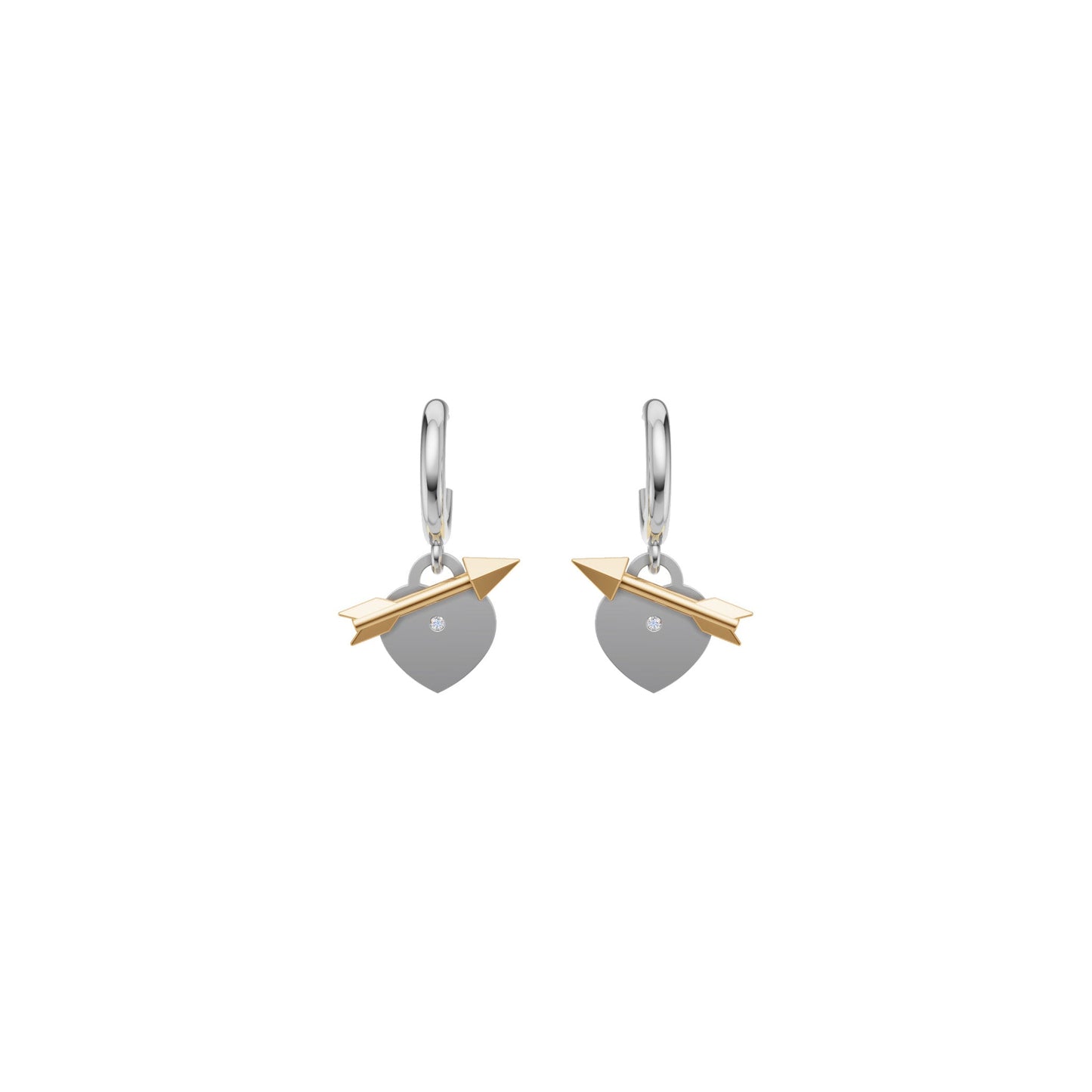 Rulla Arrowed Heart Earring in white and yellow gold on white background