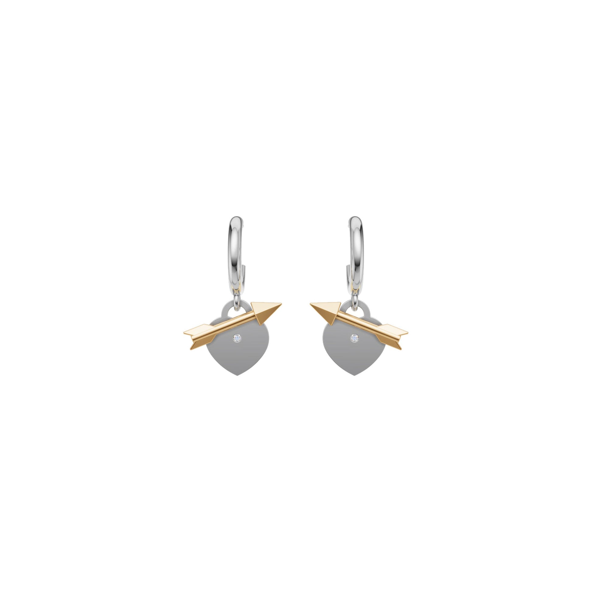 Rulla Arrowed Heart Earring in white and yellow gold on white background