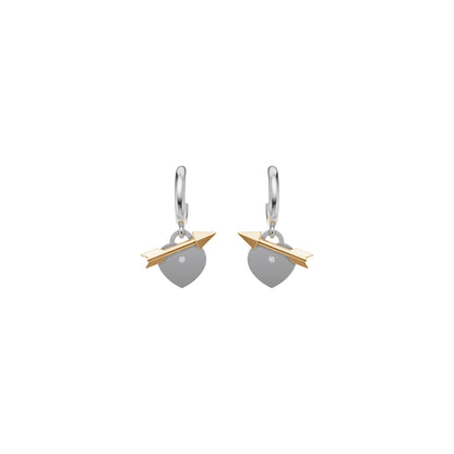 Rulla Arrowed Heart Earring in white and yellow gold on white background