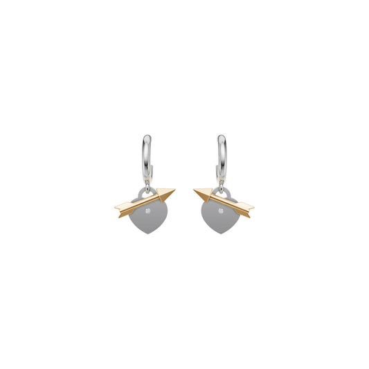 Rulla Arrowed Heart Earring in white and yellow gold on white background