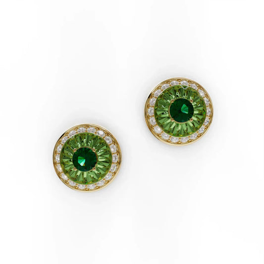 18k yellow gold earrings with verdelite, diamond halo, and green enamel, additional view