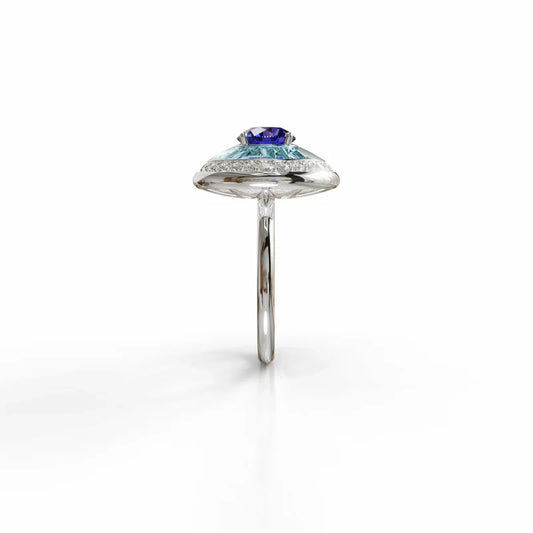 18k white gold ring with tanzanite, diamond halo, and sky blue enamel, additional view