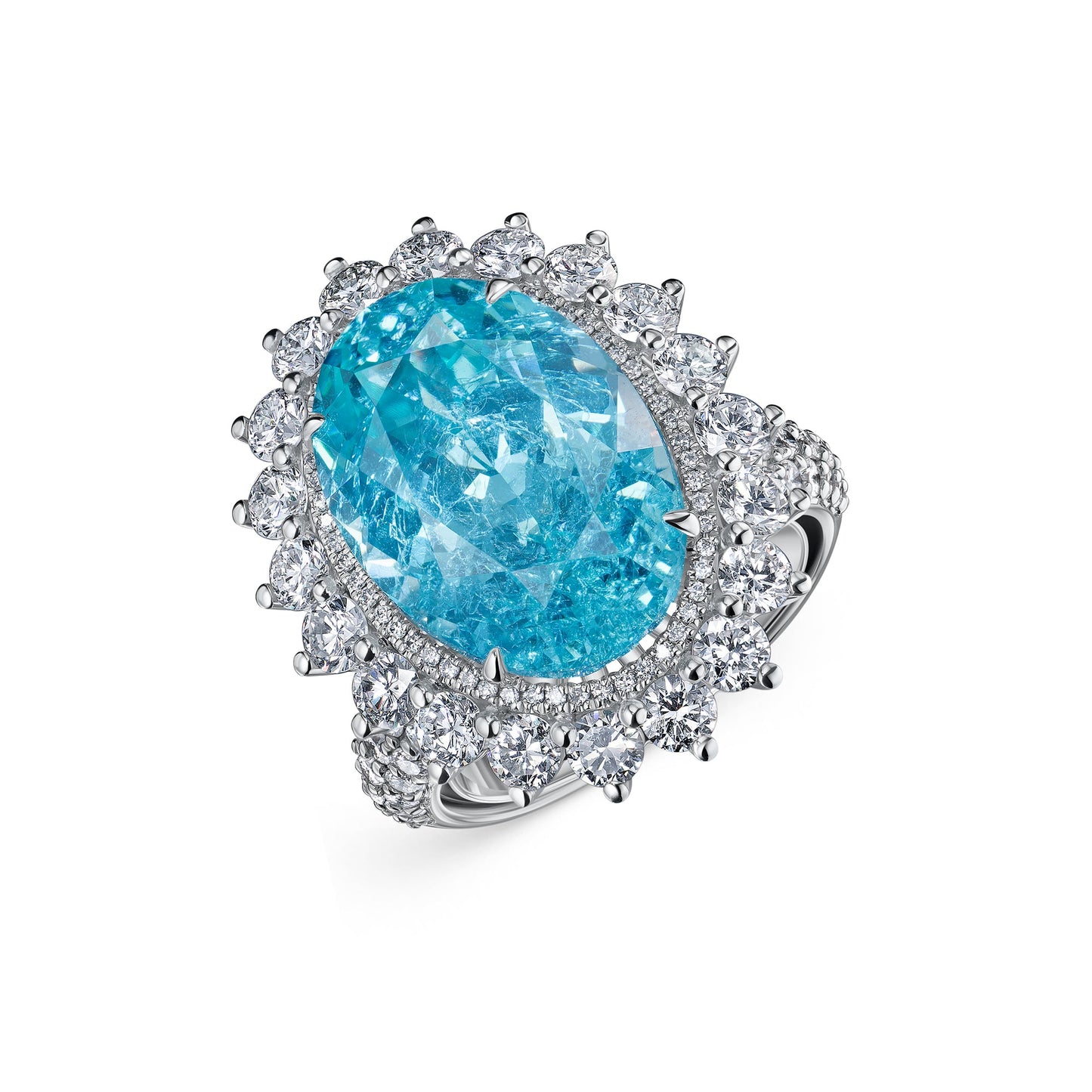 Verbesa Atelier 20ct oval-cut lab-grown Paraiba sapphire cocktail ring in platinum, angled view