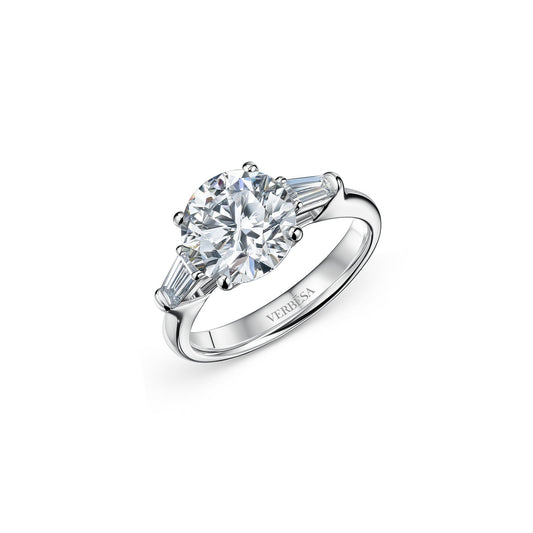 Verbesa Atelier 4ct round-cut lab-grown diamond three-stone engagement ring in platinum, angled view