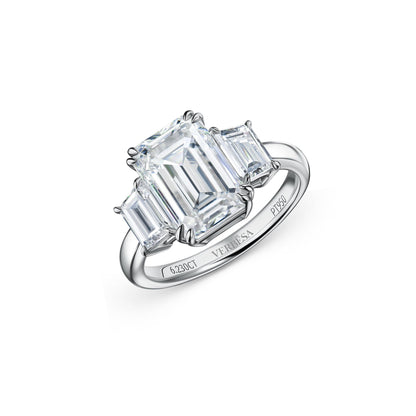 Verbesa Atelier 5.01ct emerald-cut lab-grown diamond three-stone engagement ring in platinum, angled view
