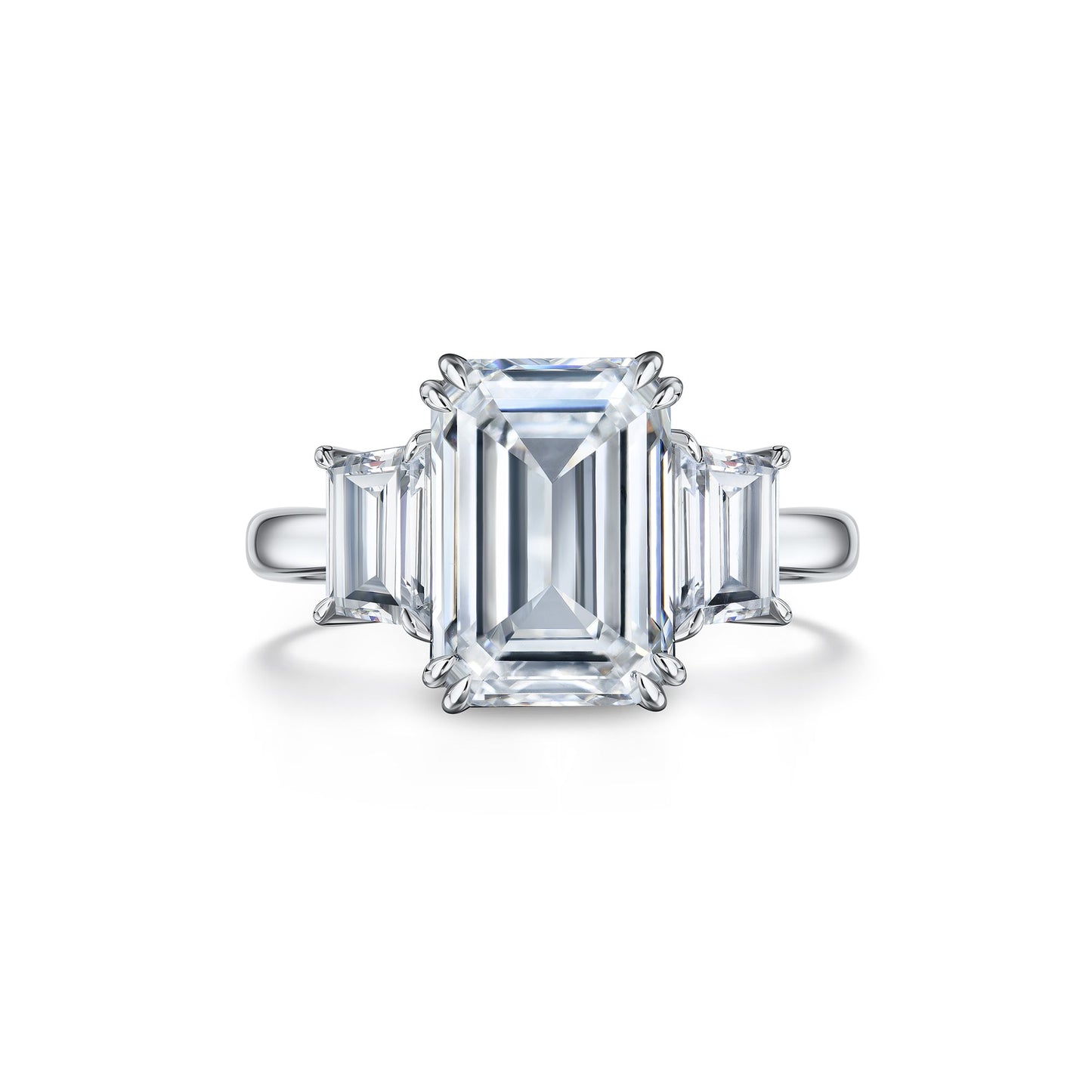 Verbesa Atelier 5.01ct emerald-cut lab-grown diamond three-stone engagement ring in platinum, front view