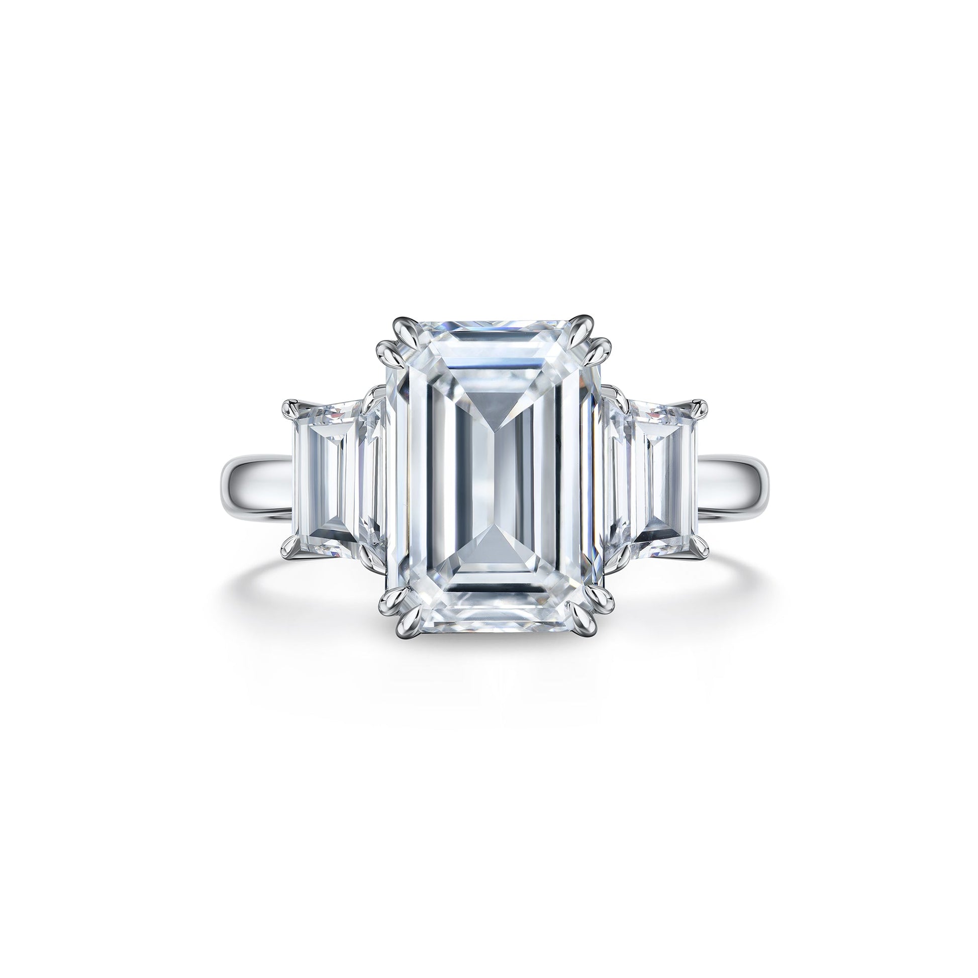 Verbesa Atelier 5.01ct emerald-cut lab-grown diamond three-stone engagement ring in platinum, front view