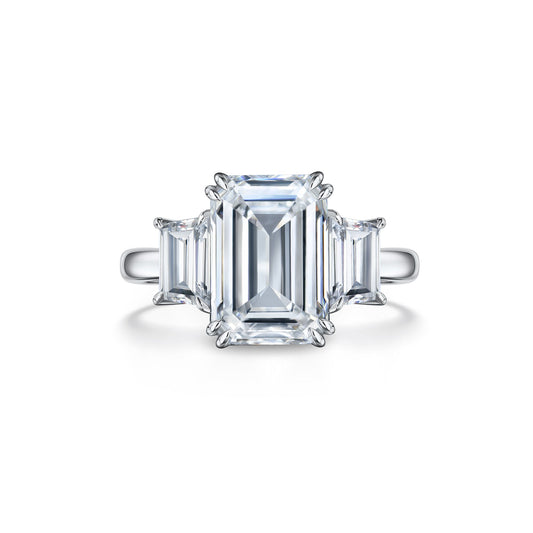 Verbesa Atelier 5.01ct emerald-cut lab-grown diamond three-stone engagement ring in platinum, front view