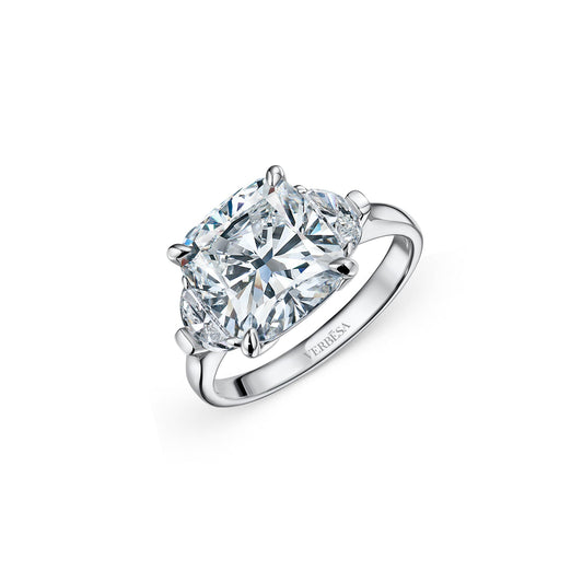 Verbesa Atelier 5.51ct cushion-cut lab-grown diamond three-stone engagement ring in platinum, front view