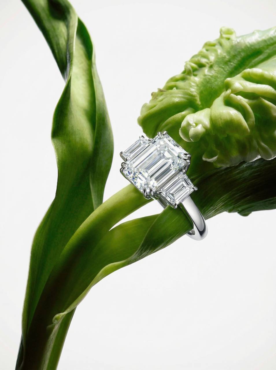 Verbesa Atelier emerald-cut lab-grown diamond three-stone engagement ring styled on a green flower