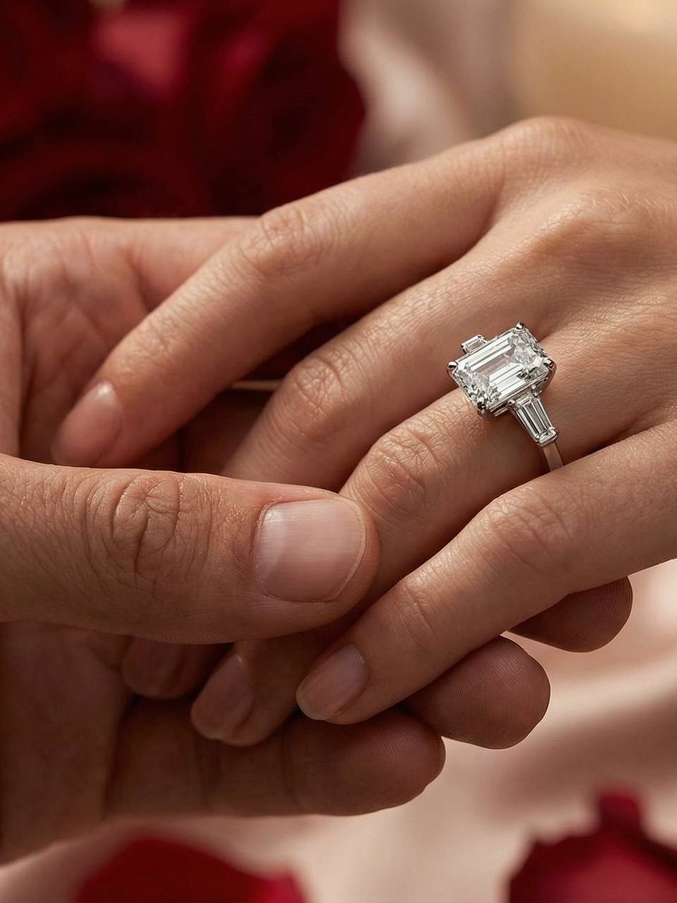 Verbesa Atelier emerald-cut lab-grown diamond three-stone engagement ring worn on the hand