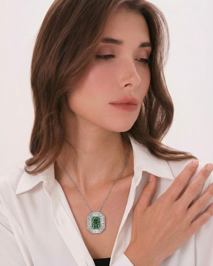 Model wearing Verbesa Atelier fancy green lab-grown diamond transformer design as a pendant