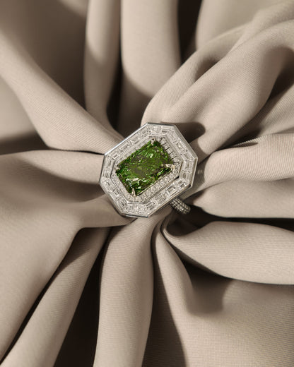 Verbesa Atelier fancy green lab-grown diamond transformer ring styled on fabric
