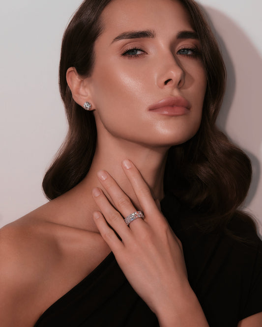 Model wearing Verbesa Atelier heart-cut lab-grown diamond double eternity ring