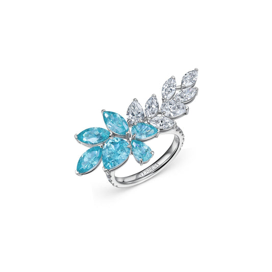 Verbesa Atelier lab-grown Paraiba sapphire and diamond branch cocktail ring in platinum, angled view
