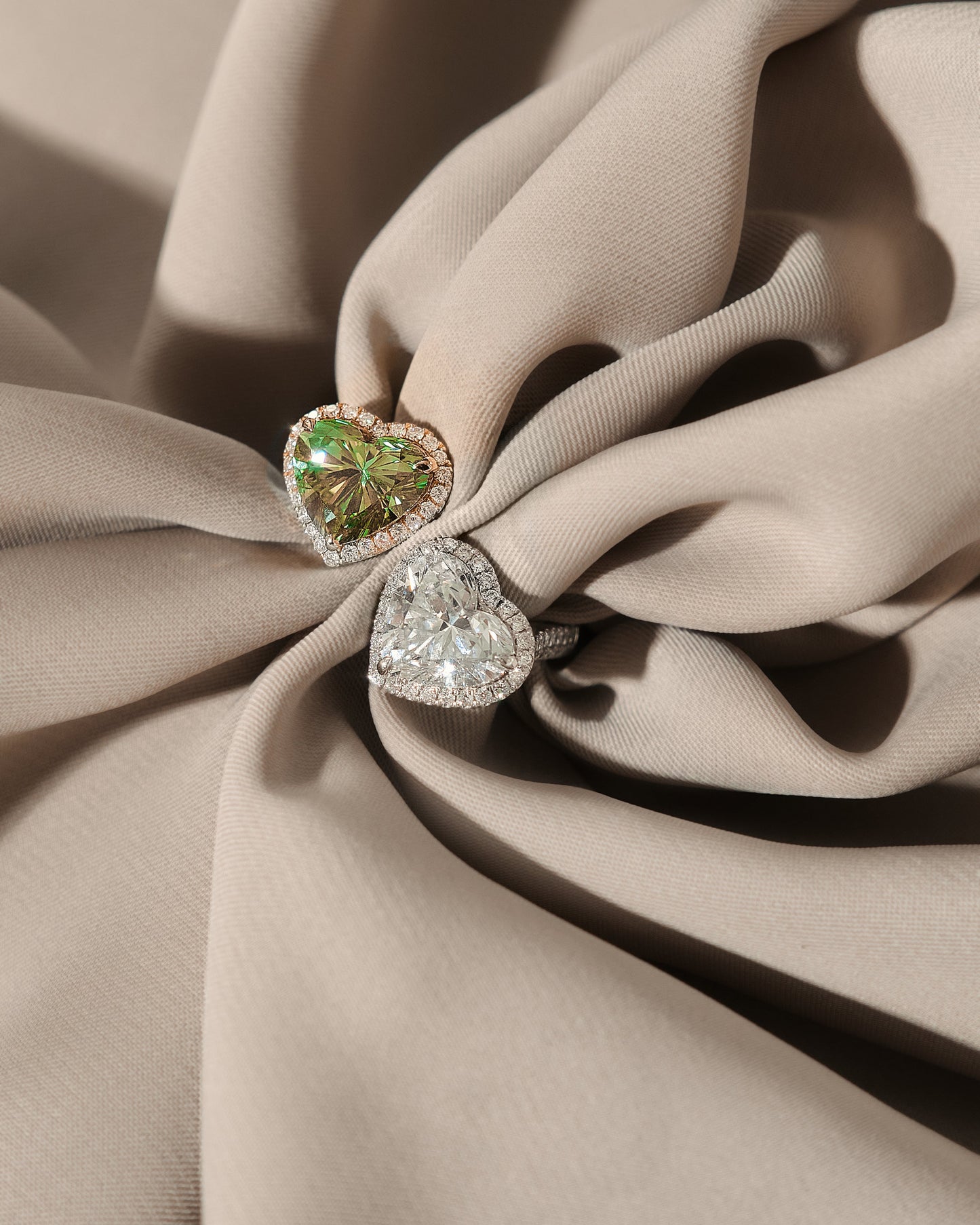 Verbesa Atelier Toi et Moi heart-cut lab-grown diamond ring styled on fabric