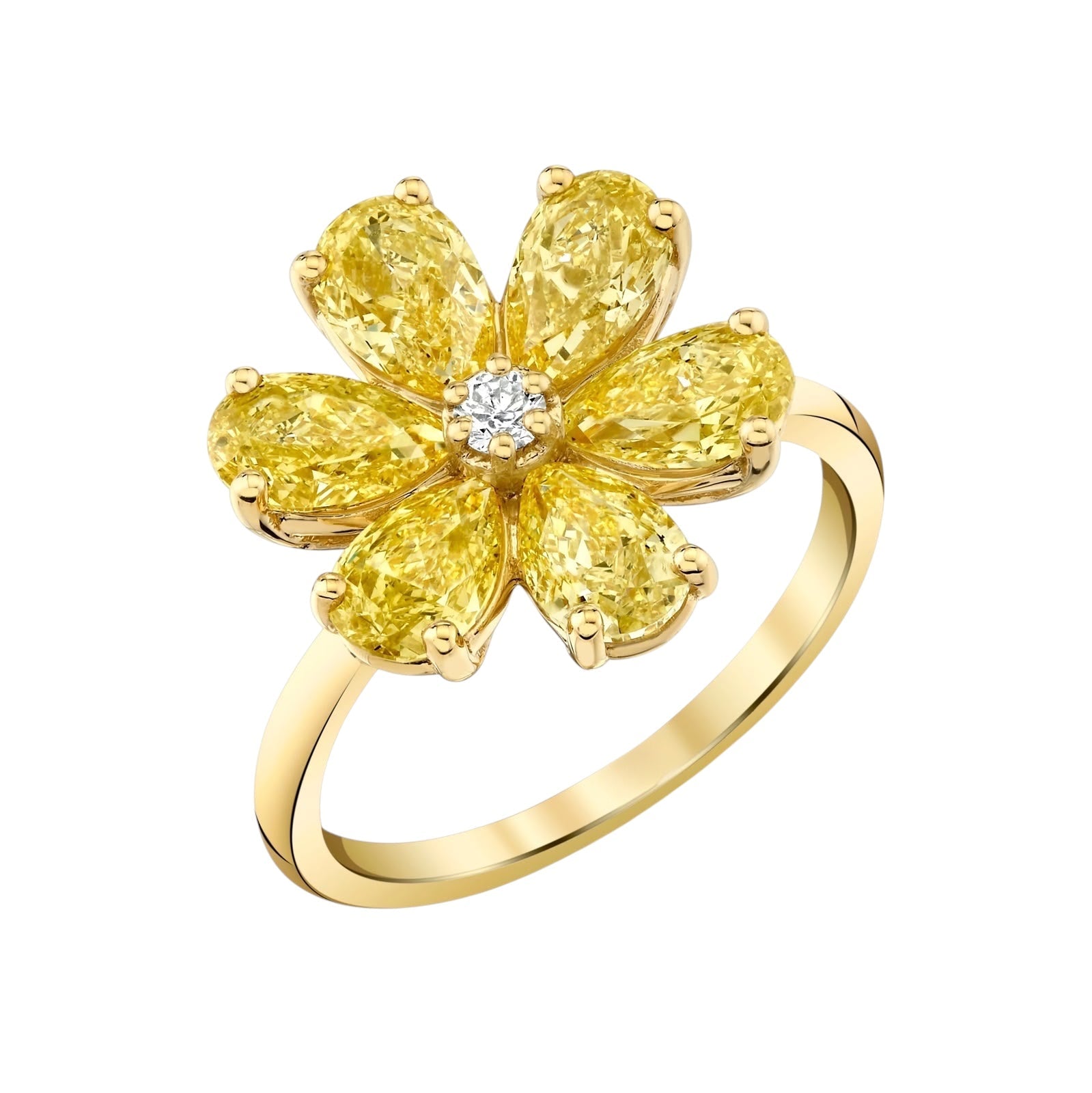 Verbesa Atelier yellow pear lab-grown diamond flower ring in 18K yellow gold, angled view