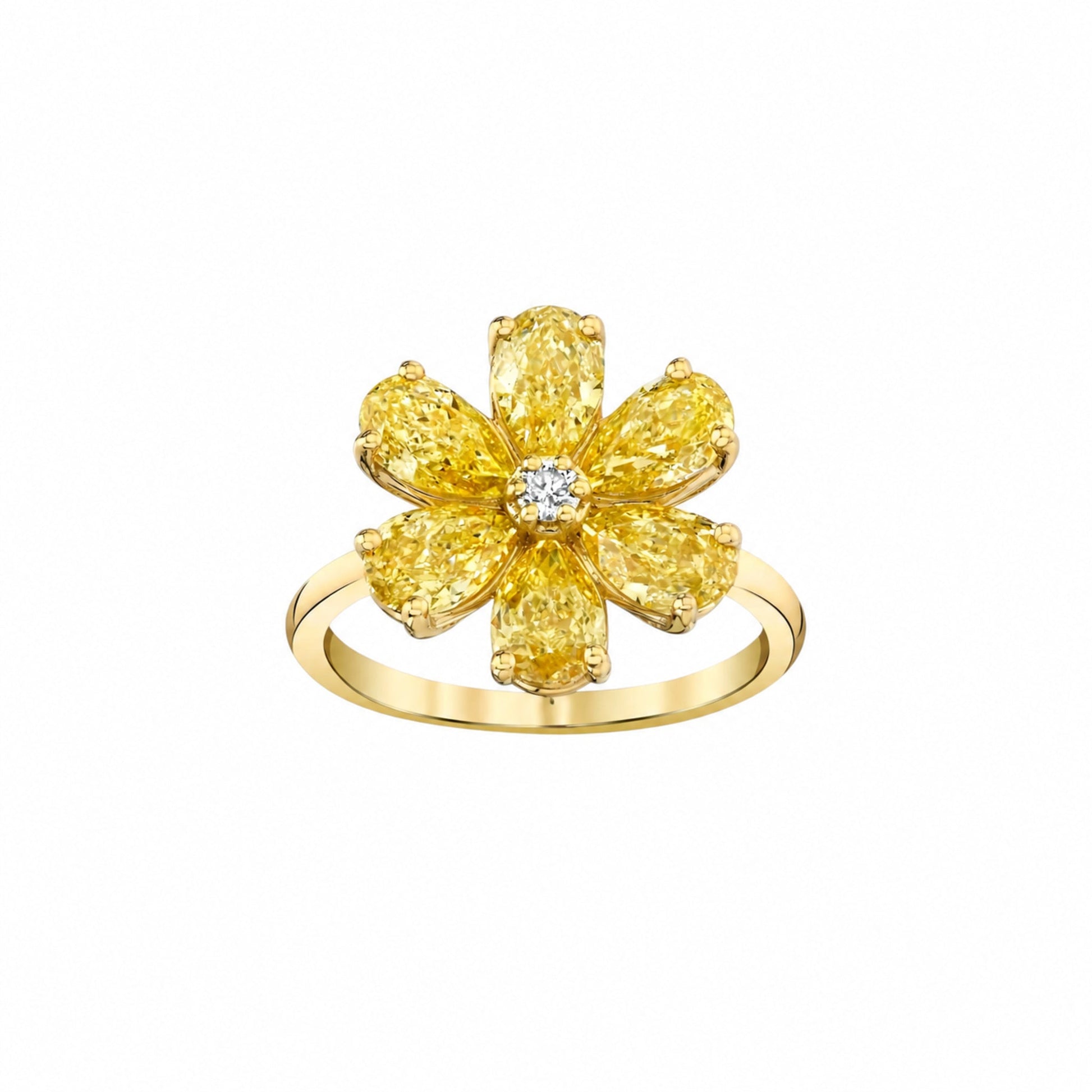 Verbesa Atelier yellow pear lab-grown diamond flower ring in 18K yellow gold, front view