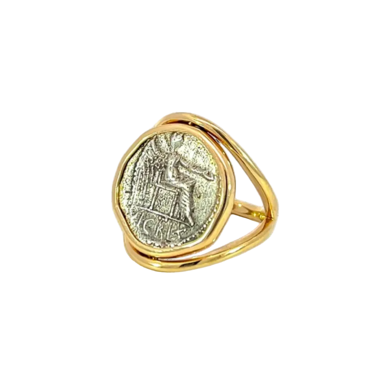 Gold ring with a coin-shaped emblem on a white background