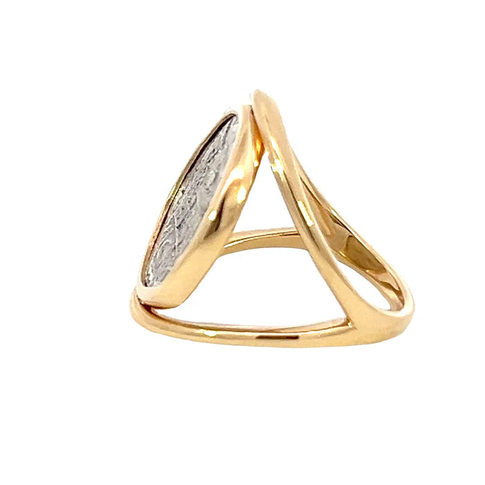 Gold ring with a triangular design on a white background