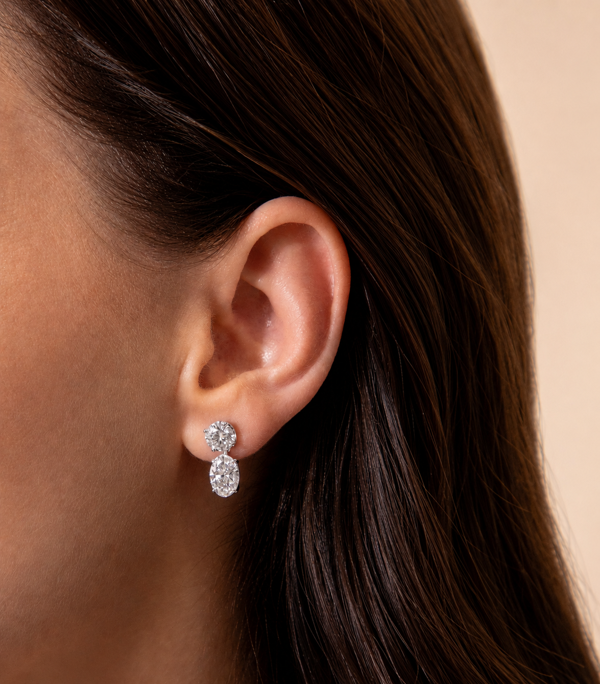 White Drop Double Round and Oval Diamond Drop Studs worn in an original model image