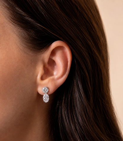 White Drop Double Round and Oval Diamond Drop Studs worn in an original model image