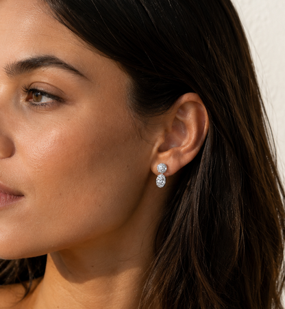 White Drop Double Round and Oval Diamond Drop Studs worn in an original model image