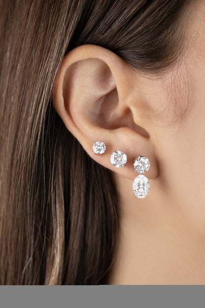 White Drop Double Round and Oval Diamond Drop Studs worn in an original lifestyle image