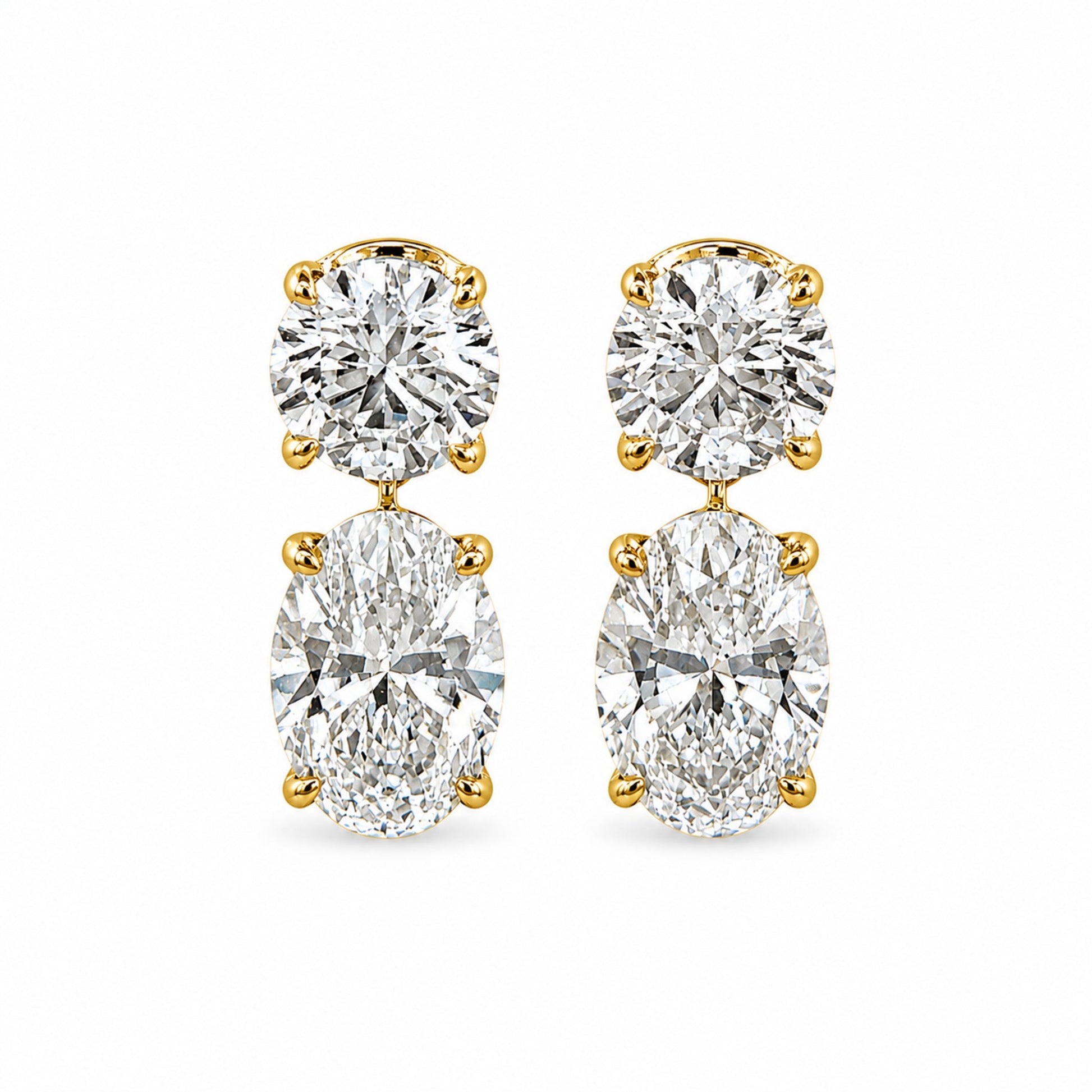 White Drop Double Round and Oval Diamond Drop Studs in 18K yellow gold