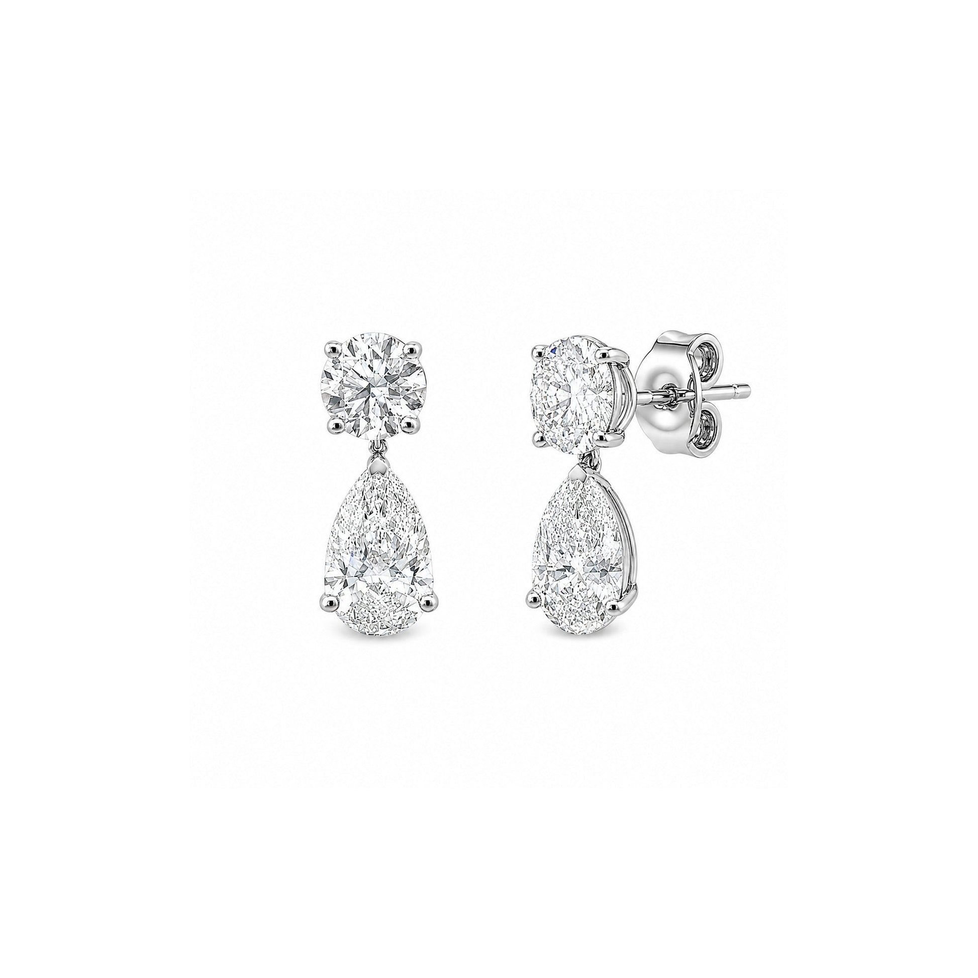 White Drop round and pear diamond drop studs in 18K white gold alternate view