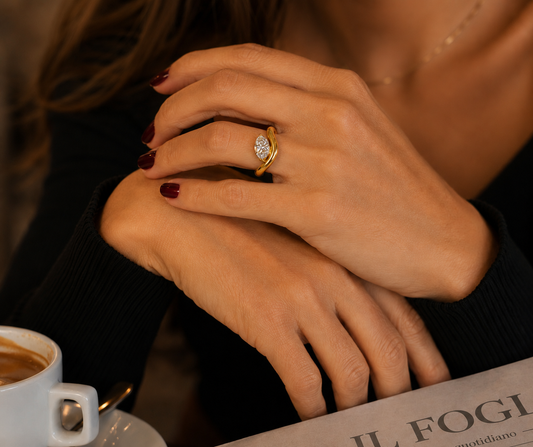 White Drop embrace ring worn in an original lifestyle image