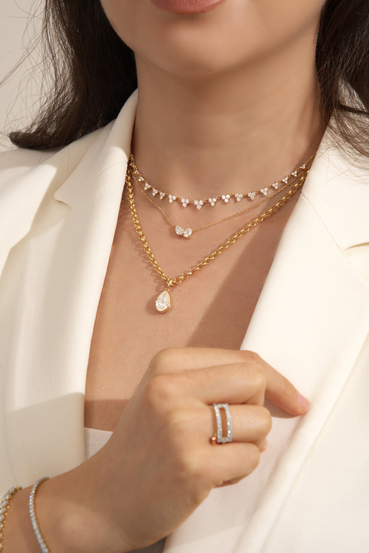 White Drop Long Stardust Necklace worn in an original lifestyle image