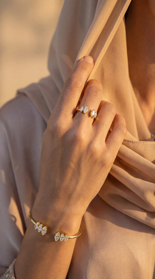 White Drop marquise open cuff worn in an original lifestyle image