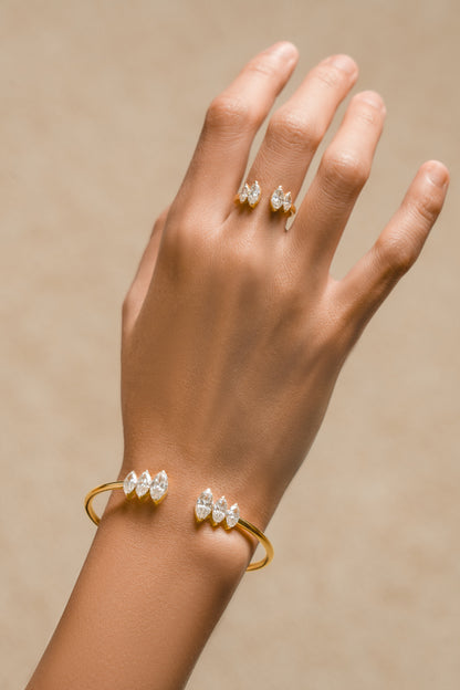 White Drop marquise open ring worn in an original lifestyle image