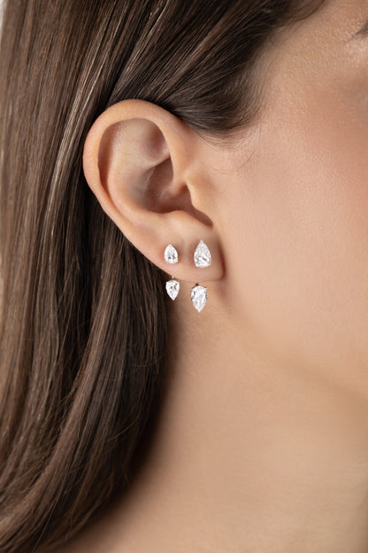 White Drop pear diamond studs ear jackets worn in an original lifestyle image