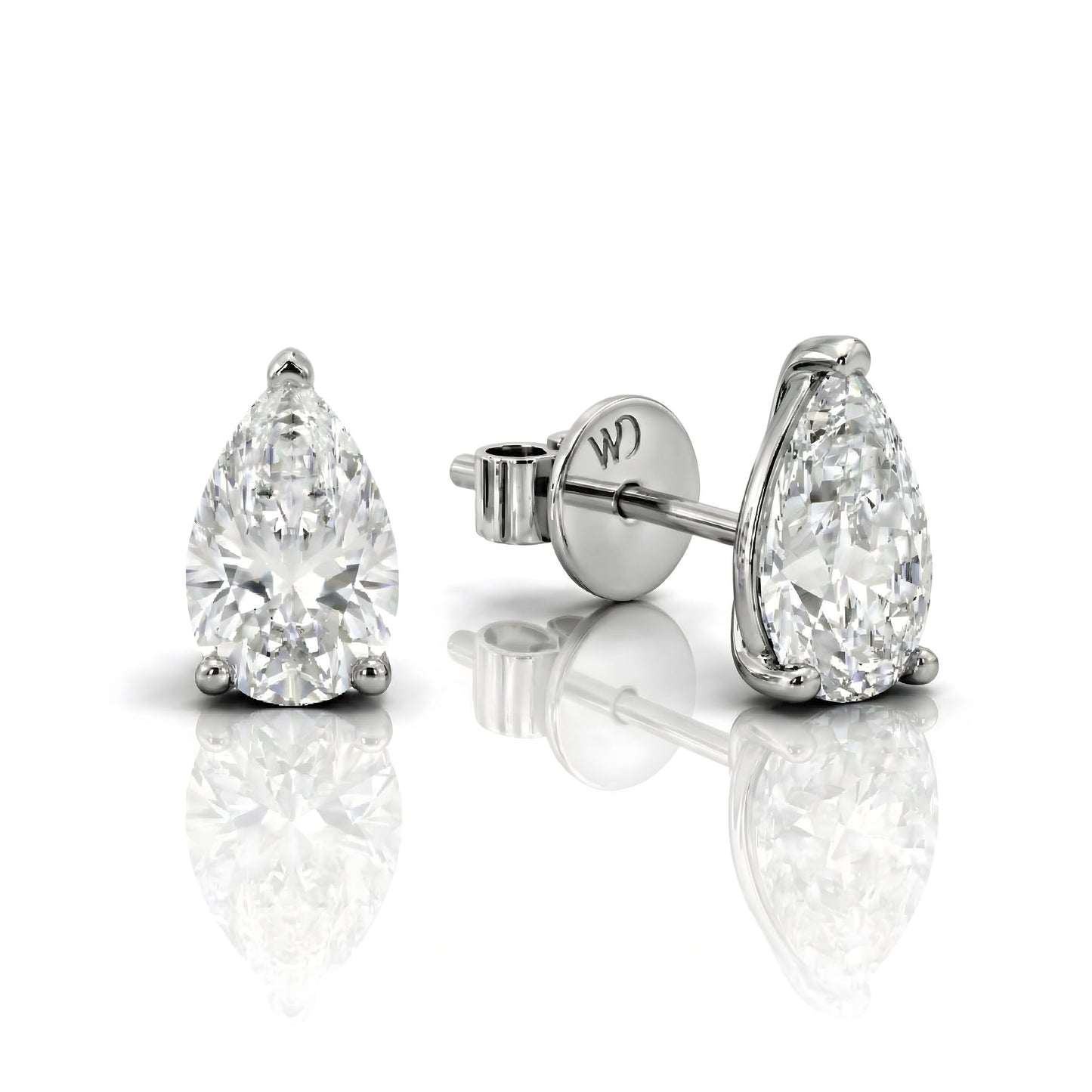 White Drop pear lab-grown diamond stud earrings in 18K white gold on white background