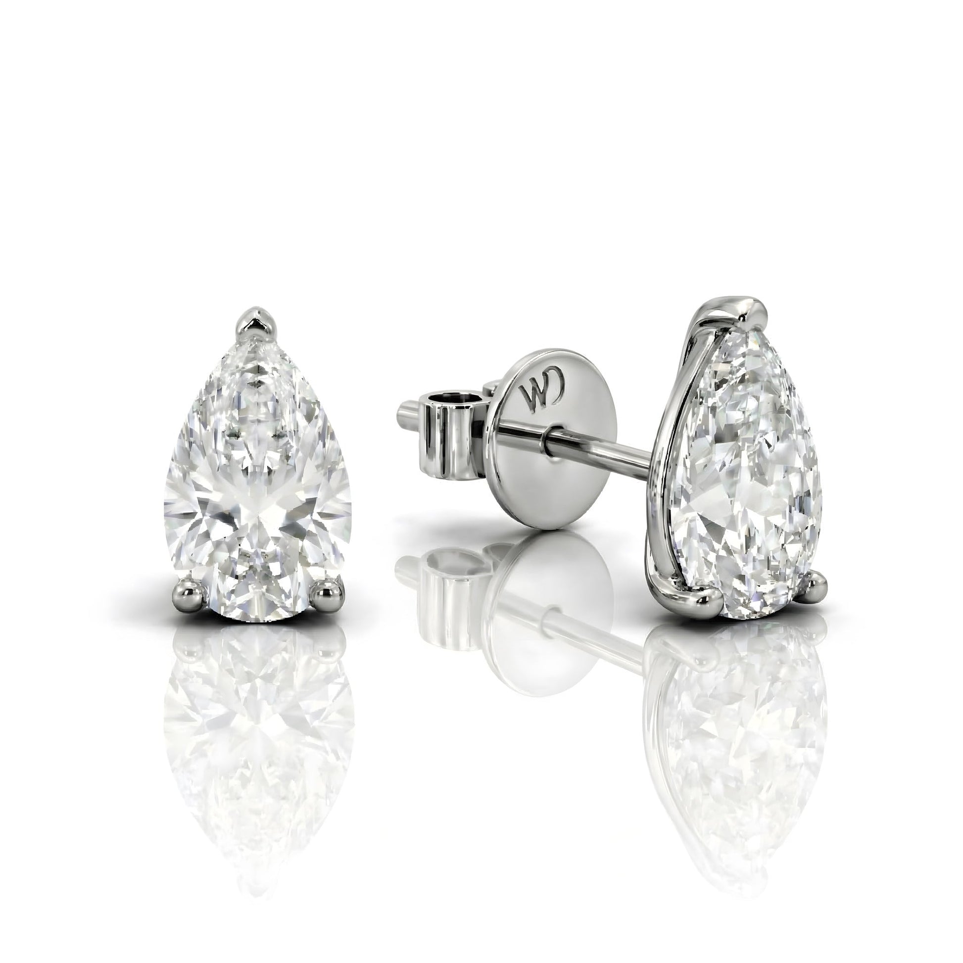 White Drop pear lab-grown diamond stud earrings in 18K white gold on white background