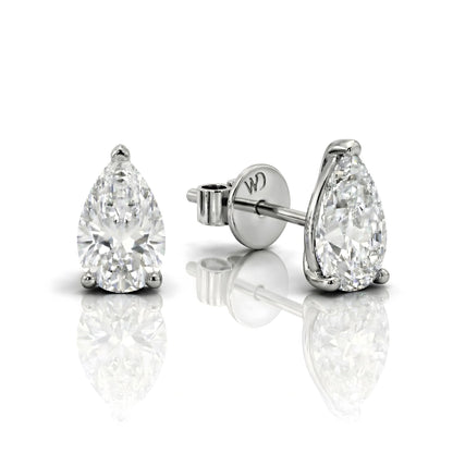 White Drop pear lab-grown diamond stud earrings in 18K white gold on white background