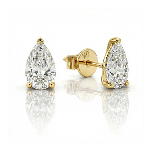 White Drop pear lab-grown diamond stud earrings in 18K yellow gold on white background